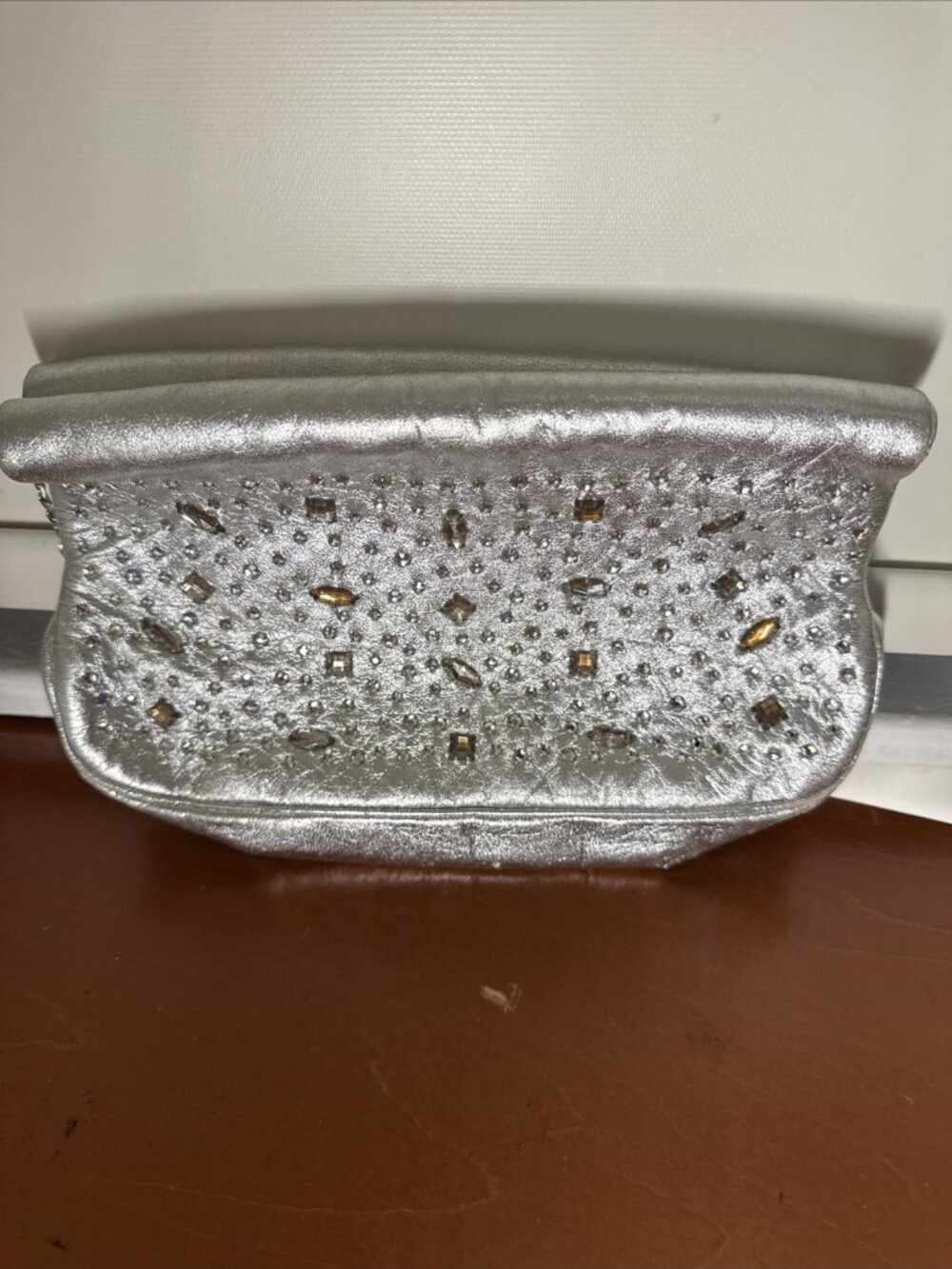 Vintage MM Morris Moskowitz Clutch Bag Silver Lamb Skin Rhinestone Zipper Close
